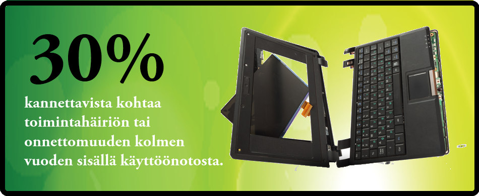 30% kannettavista kohtaa toimintahäiriön tai onnettomuuden kolmen vuoden sisällä käyttöönotosta